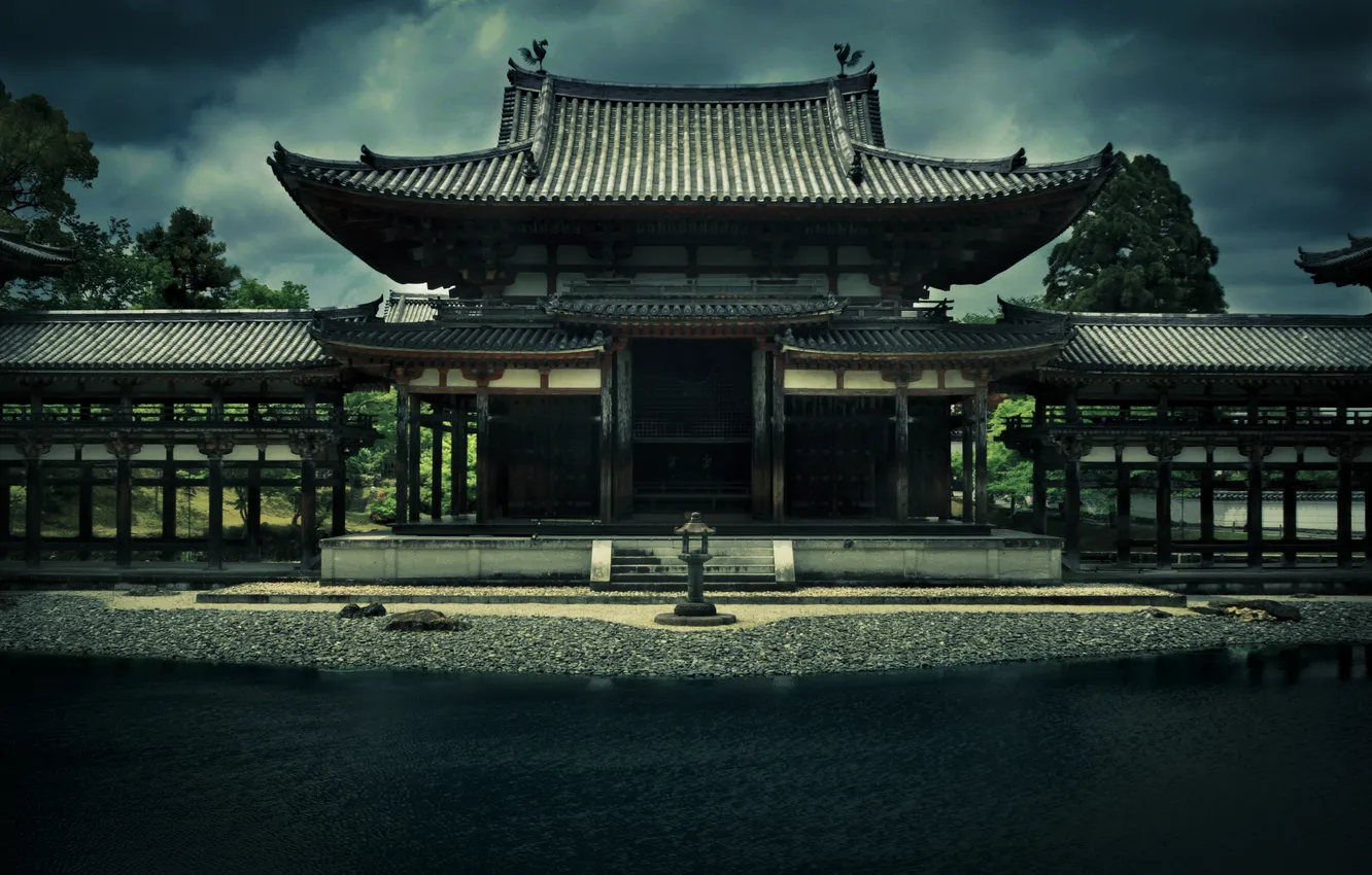 Фото обои небо, деревья, пруд, здание, Япония, Храм, архитектура, Киото