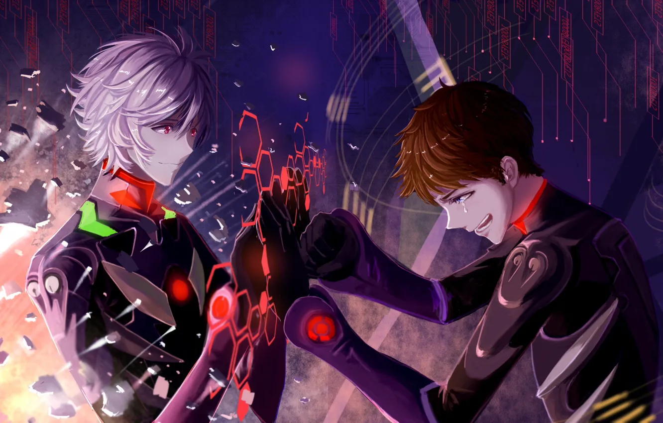 Фото обои арт, парни, двое, слёзы, драма, Evangelion