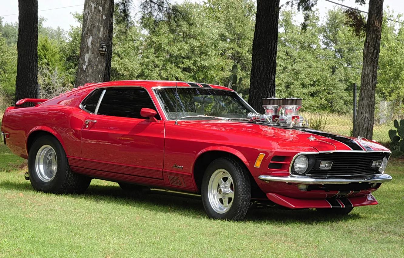 Фото обои красный, Mustang, Ford, Форд, Мустанг, классика, 1970, Muscle car