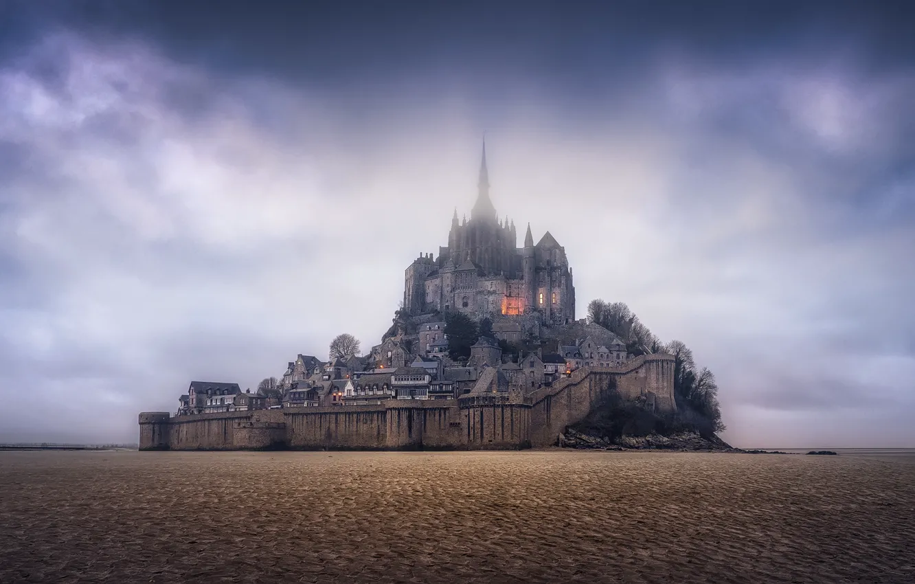 Фото обои небо, скала, Франция, панорама, крепость, France, Нормандия, Normandy