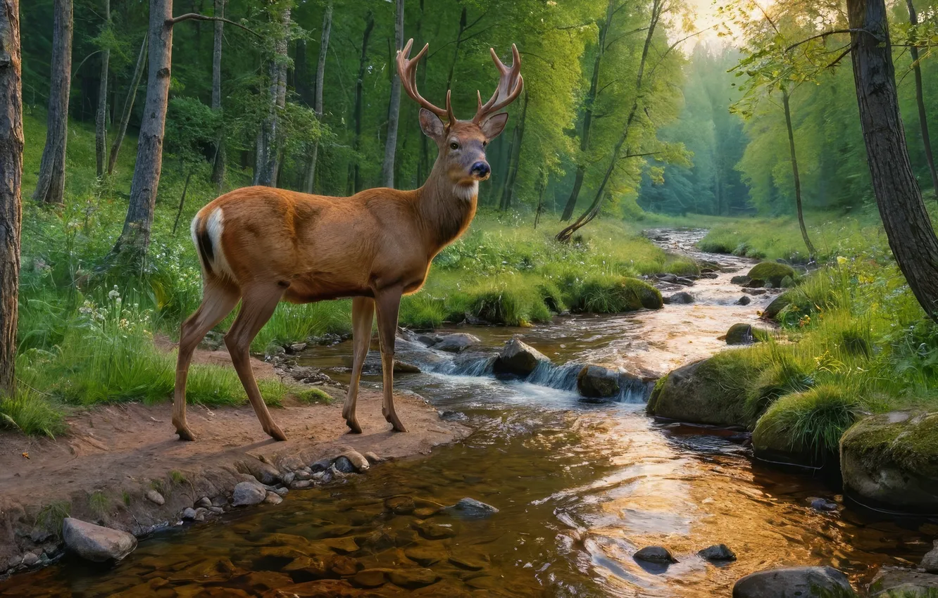 Фото обои forest, nature, deer, stream