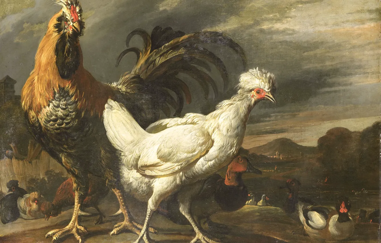 Фото обои животные, масло, картина, холст, Pieter Jansz van Ruyven, Петух Курица и Другие Птицы