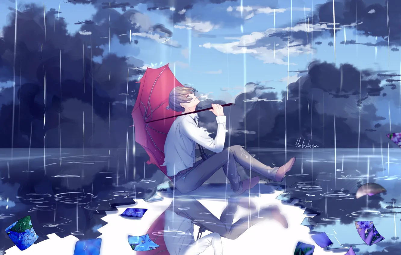 Фото обои природа, дождь, зонт, аниме, арт, парень, lluluchwan