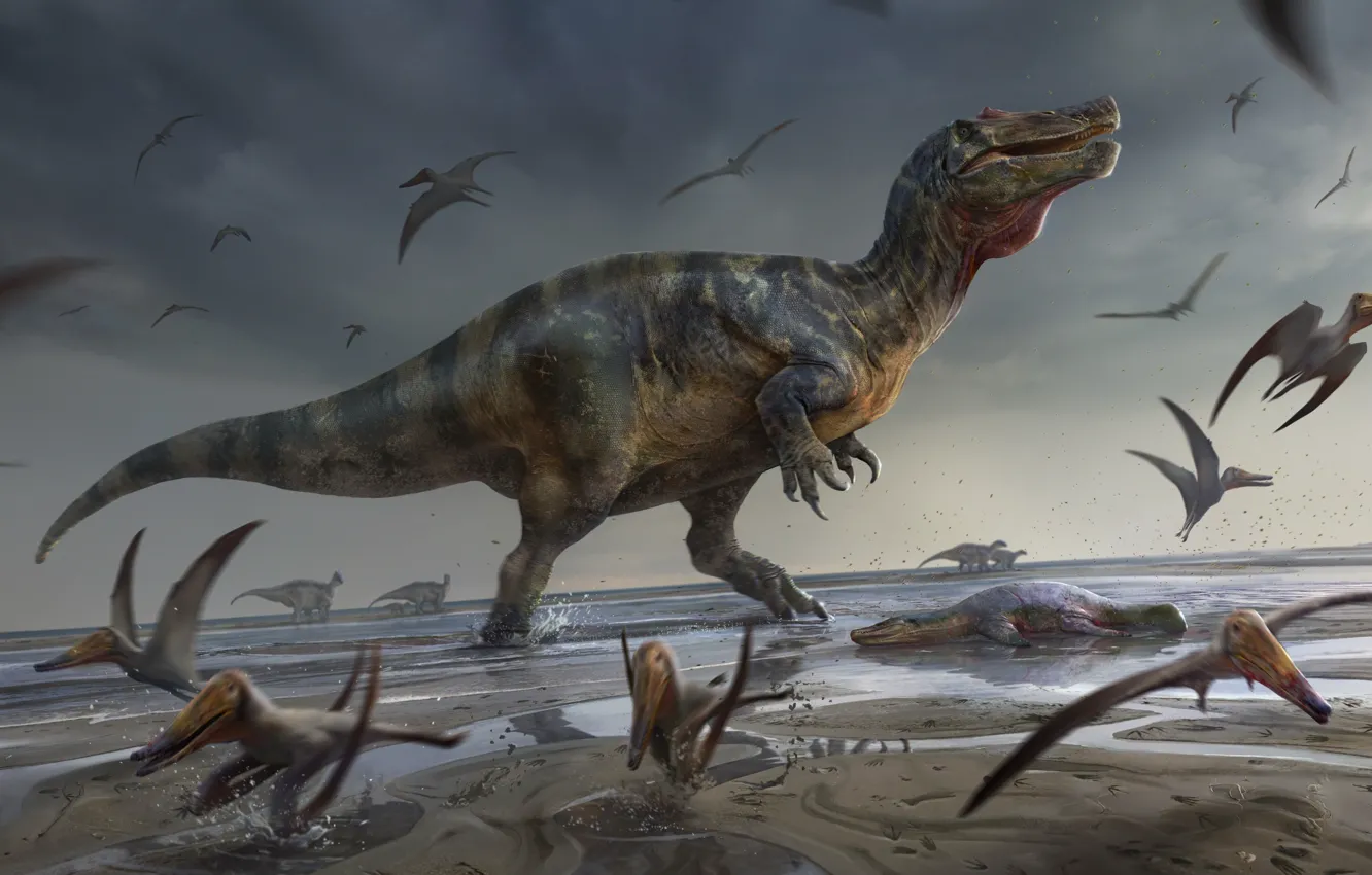 Фото обои Море, Берег, Хищники, Dinosaurs, Динозавры, Древние животные, Вымершие животные, Доисторические
