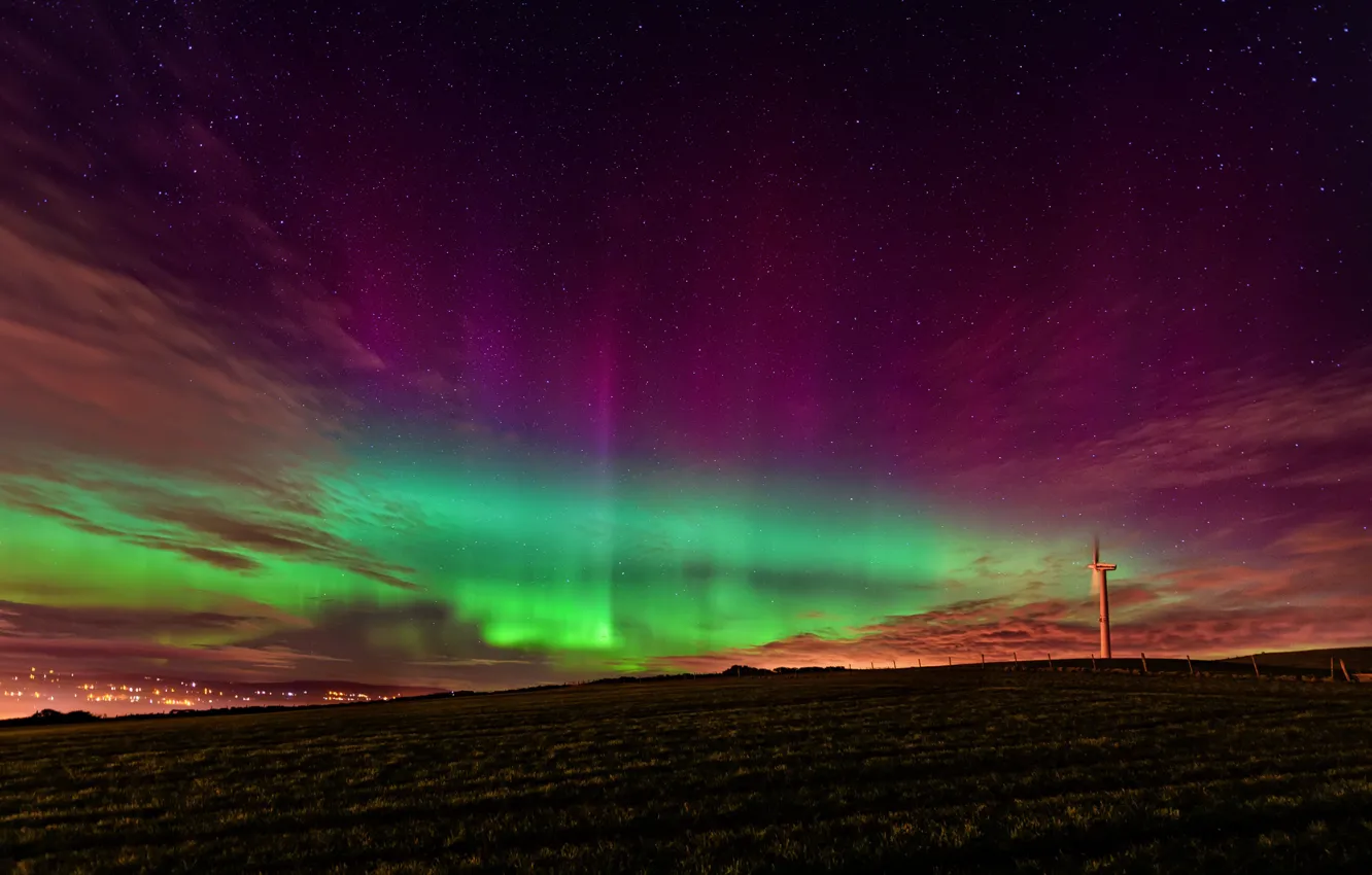 Фото обои sky, night, stars, Ireland, northern lights, aurora borealis, wind turbine, Strabane