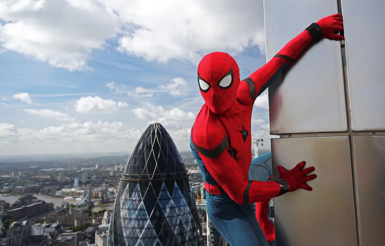 Фото обои city, cinema, spider, sky, boy, Marvel, movie, Spider-man