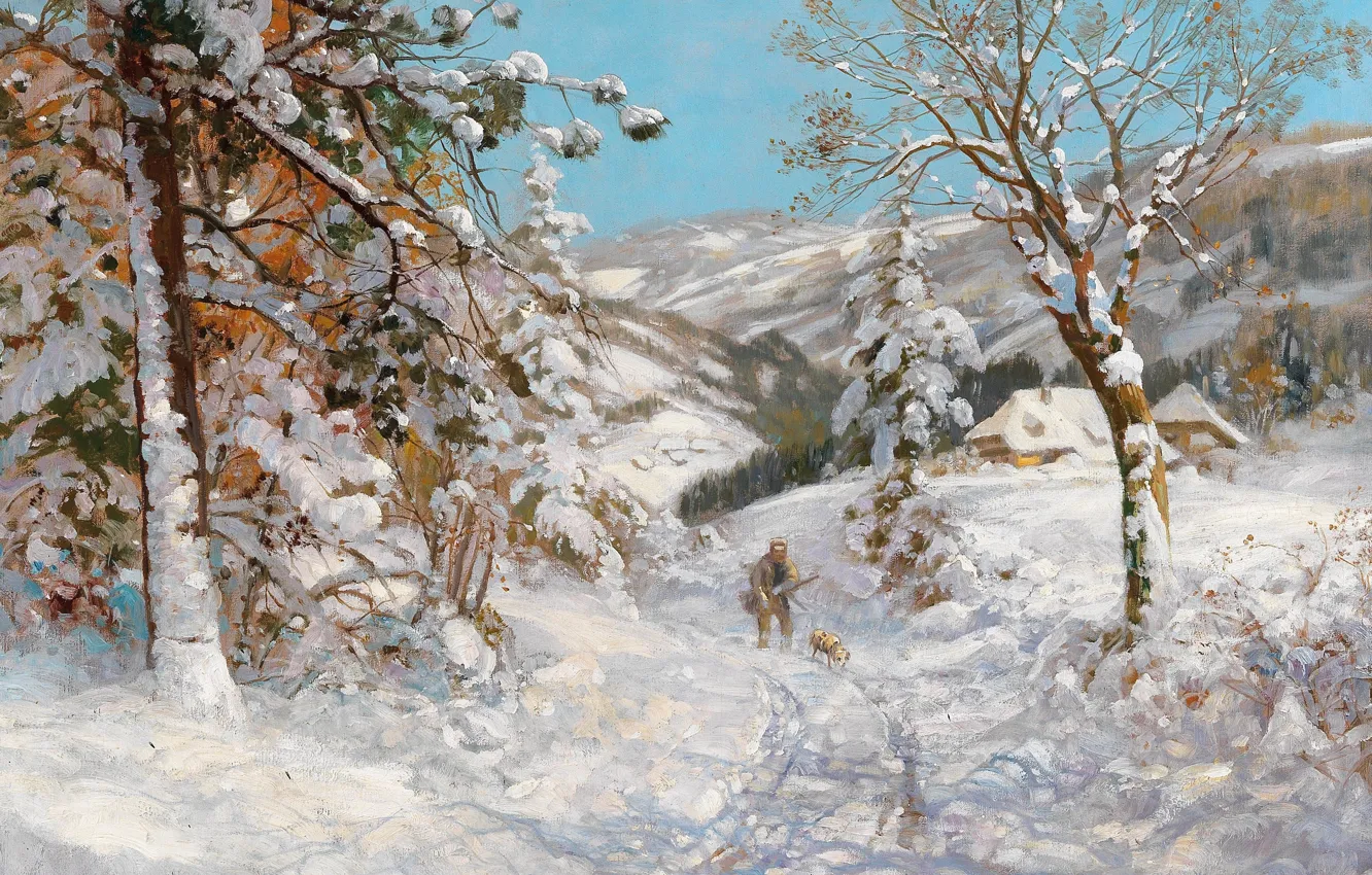 Фото обои Alois Arnegger, Austrian painter, австрийский живописец, oil on canvas, Алоис Арнеггер, Охотник в зимнем лесу, …
