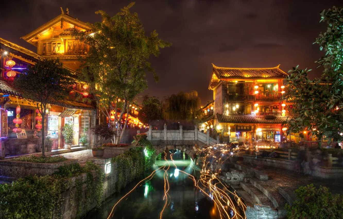 Фото обои свет, пейзаж, ночь, дома, Ancient, Town of Lijiang