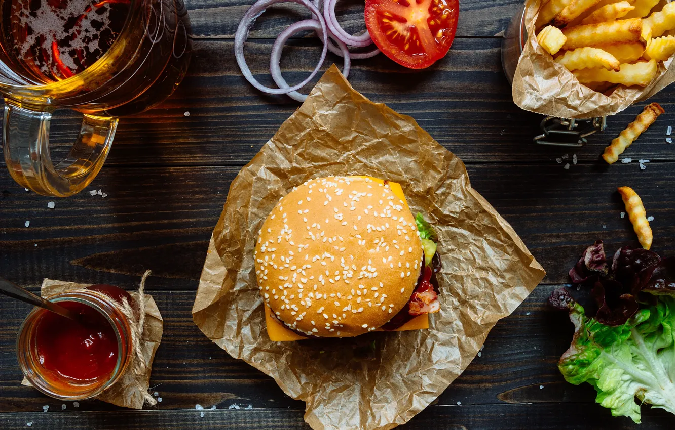 Фото обои лук, помидор, соус, гамбургер, котлета, сэндвич, фастфуд, булочка