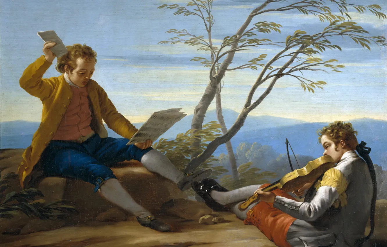 Фото обои ноты, скрипка, картина, жанровая, Jose del Castillo, Два Музыцирующих Мальчика