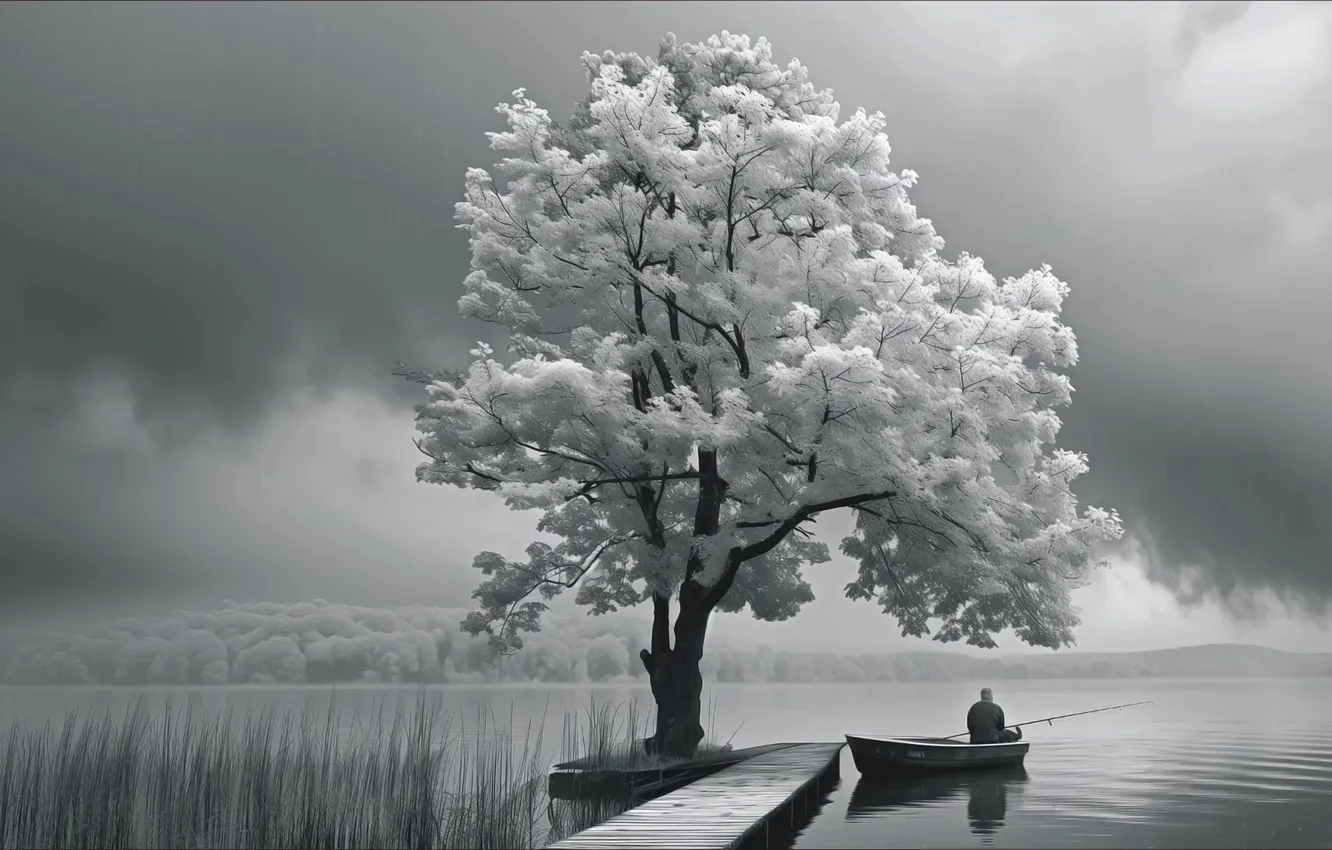 Фото обои relax, Nature, landscape, fishing, black & White, otherwise
