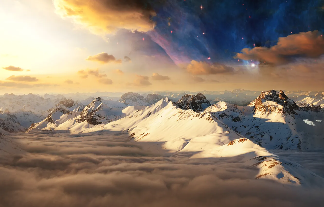 Фото обои небо, солнце, облака, снег, горы, вершины