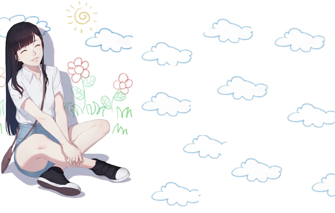 Фото обои цветок, девушка, облака, сидит