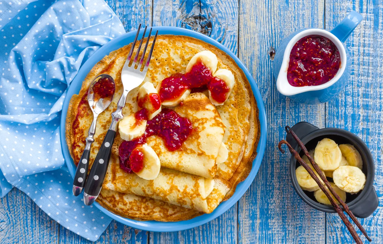 Фото обои бананы, блины, выпечка, джем, banana, pancakes