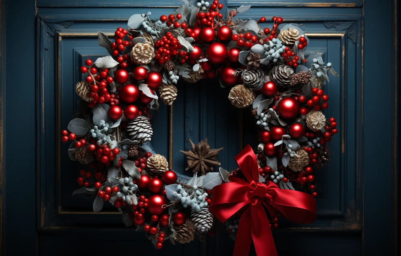 Фото обои украшения, шары, Рождество, Новый год, red, Christmas, венок, balls