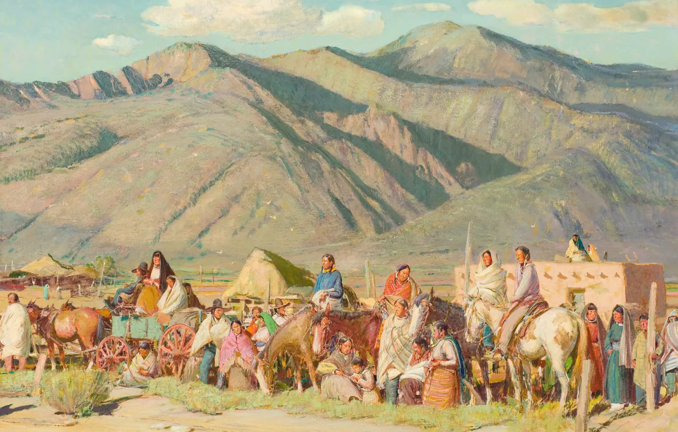 Фото обои горы, караван, Oscar Edmund Berninghaus, The Pueblos, Await the Dancers