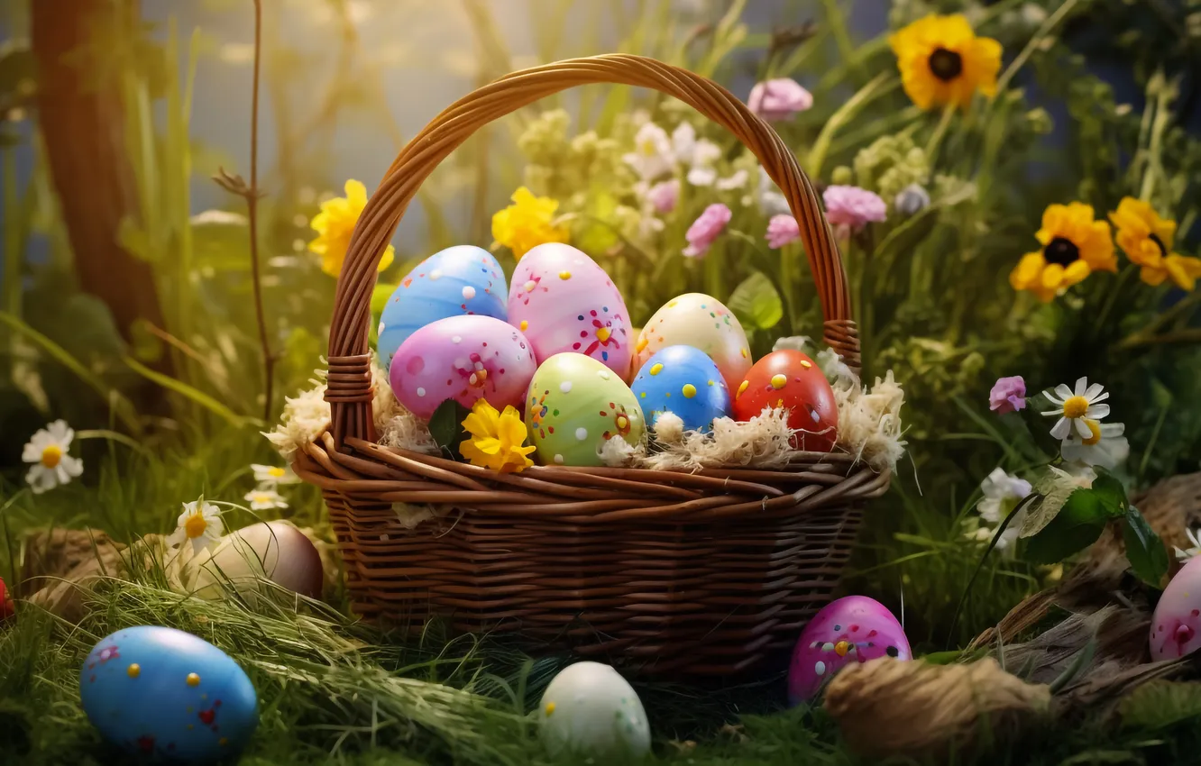 Фото обои цветы, яйца, весна, colorful, Пасха, happy, flowers, spring