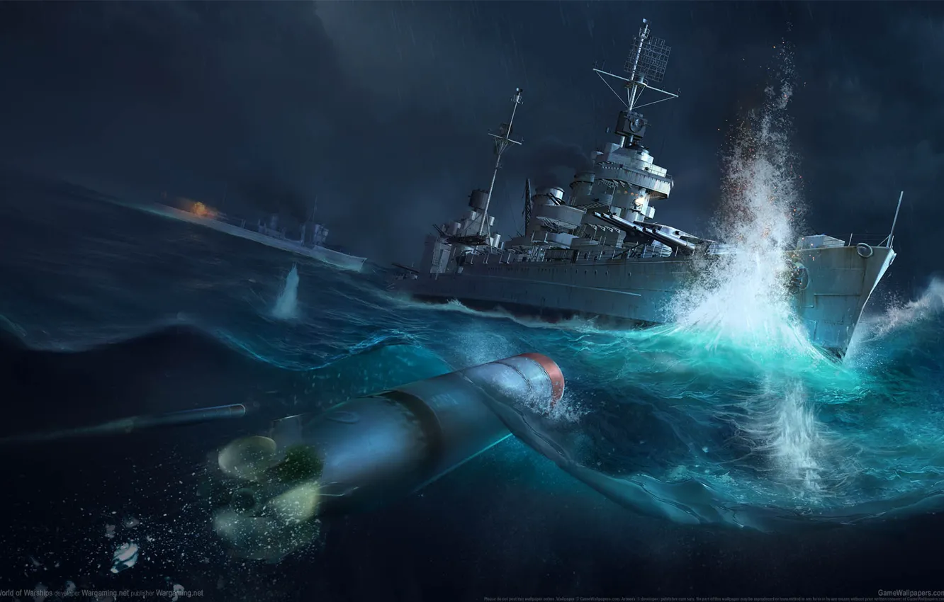 Фото обои море, взрыв, торпеда, эсминец, World of Warships, Battle of Tassafaronga, Мир военных кораблей, Бой у …