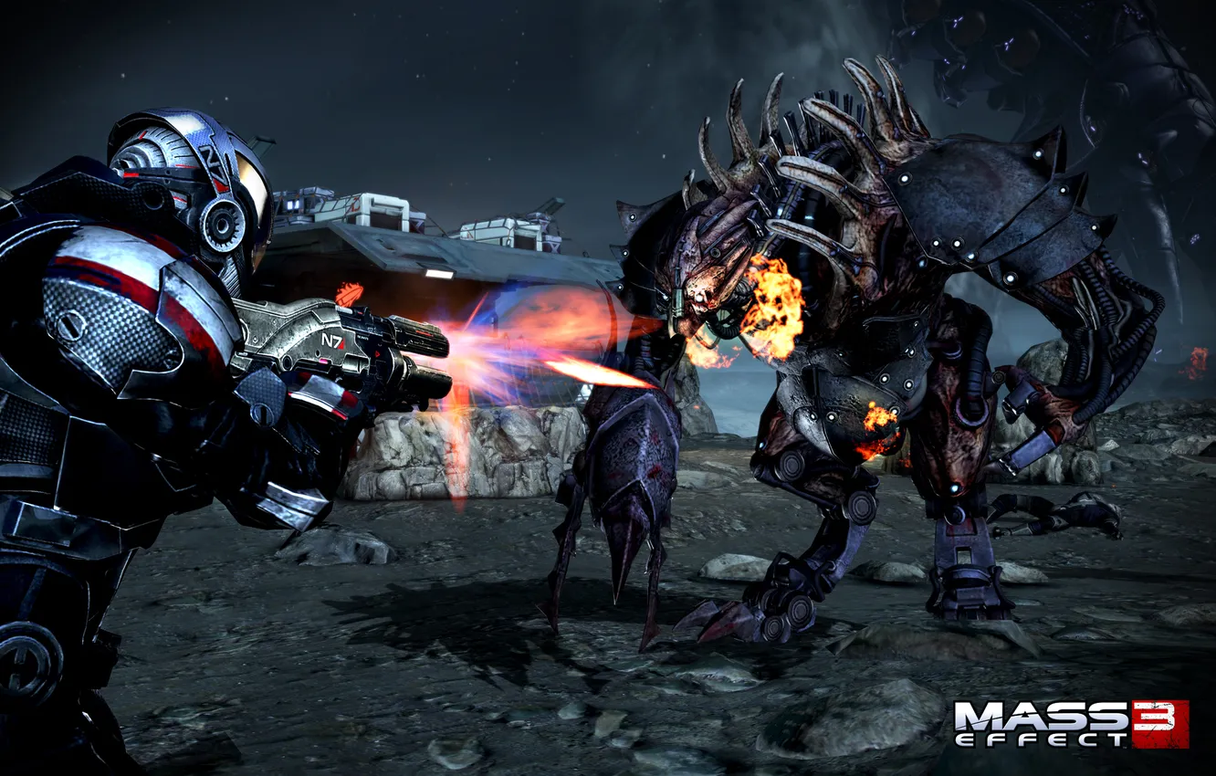 Фото обои бой, Тварь, Шепард, Mass Effect 3, Shepard, Жнец