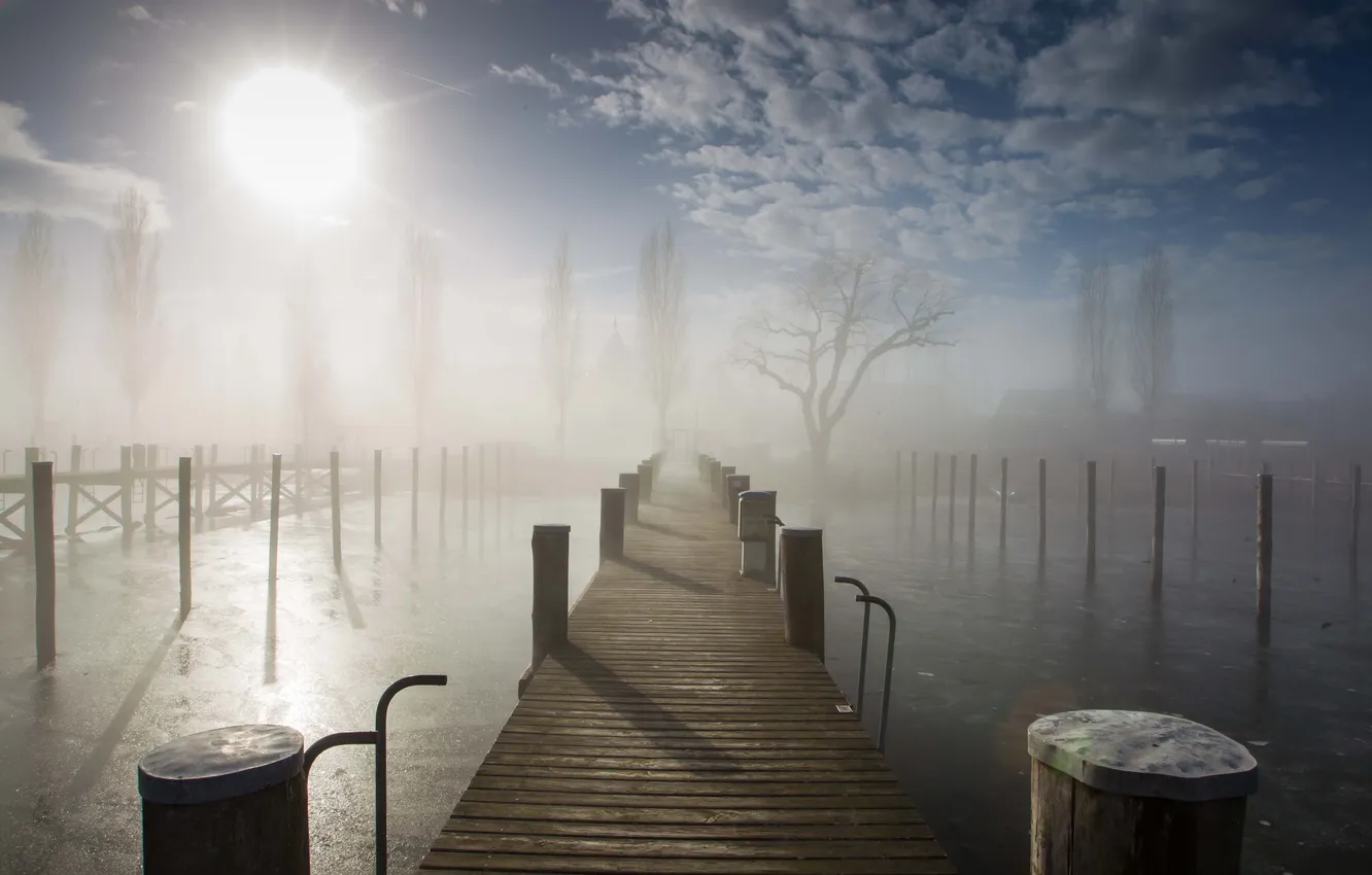 Фото обои мост, город, туман, река, утро