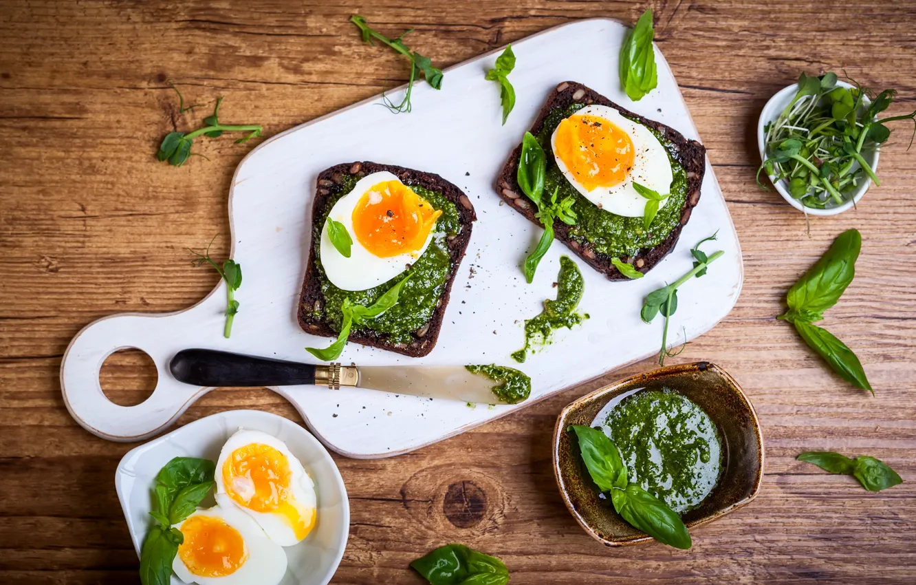 Фото обои зелень, завтрак, яичница, breakfast, базилик