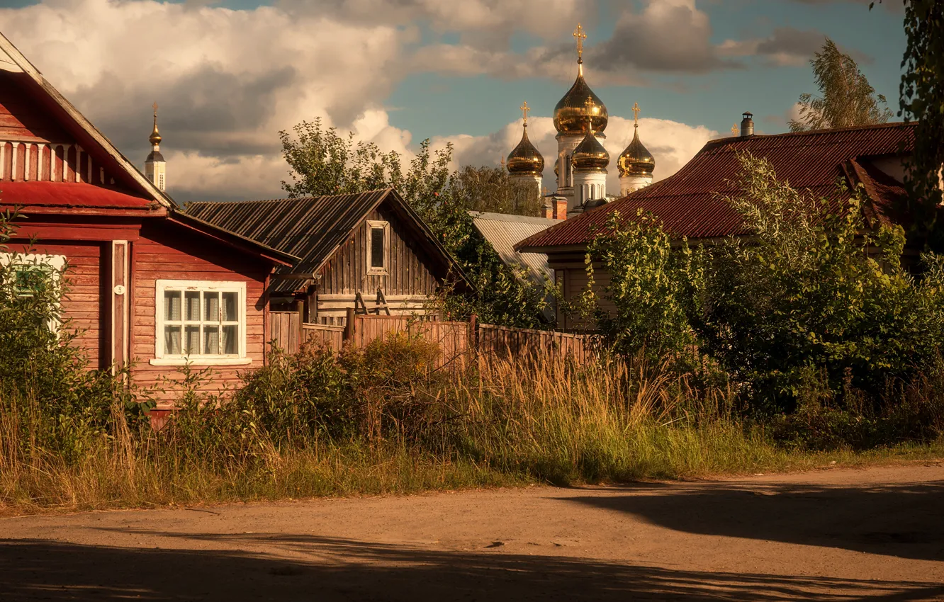 Фото обои деревня, церковь, храм, домики, Россия, купола