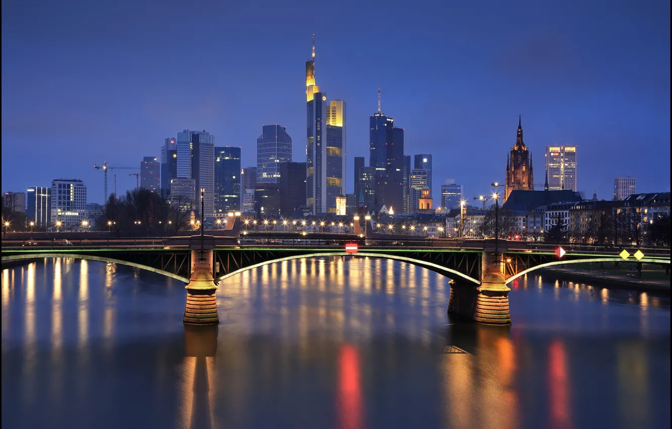 Фото обои ночь, мост, огни, Германия, Frankfurt, Франкфурт-на-Майне, Франкфурт