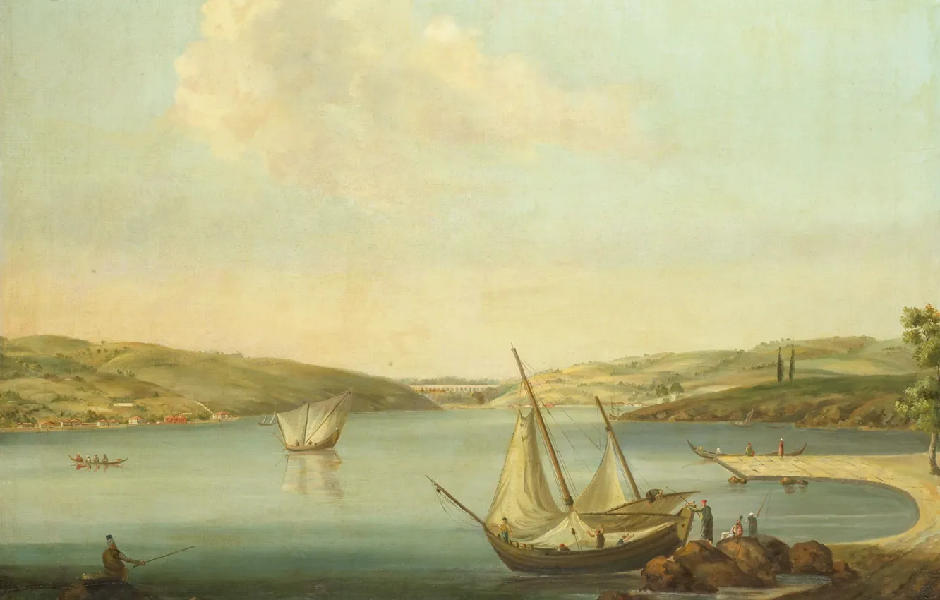 Фото обои пейзаж, лодка, масло, картина, парус, холст, Jan Van der Steen, Вид на Босфор