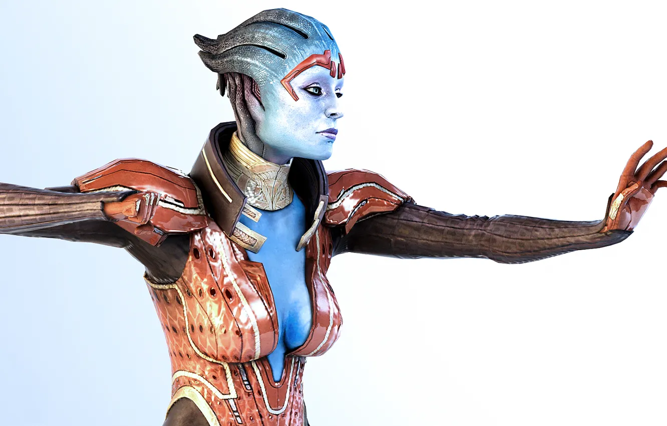 Фото обои костюм, Mass Effect, стойка, простой фон, Samara