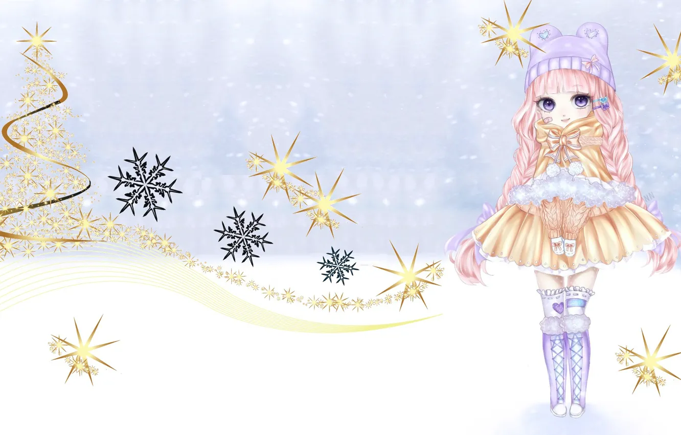 Фото обои зима, праздник, арт, девочка, Новый год, снежинка, No Name
