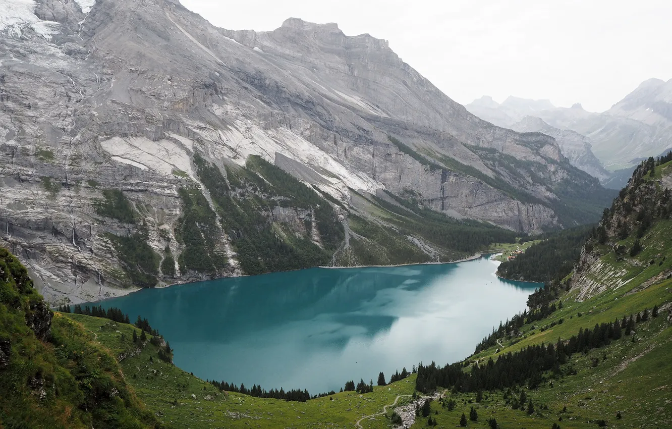 Фото обои деревья, горы, Switzerland, водоём, Озеро Oeschinensee