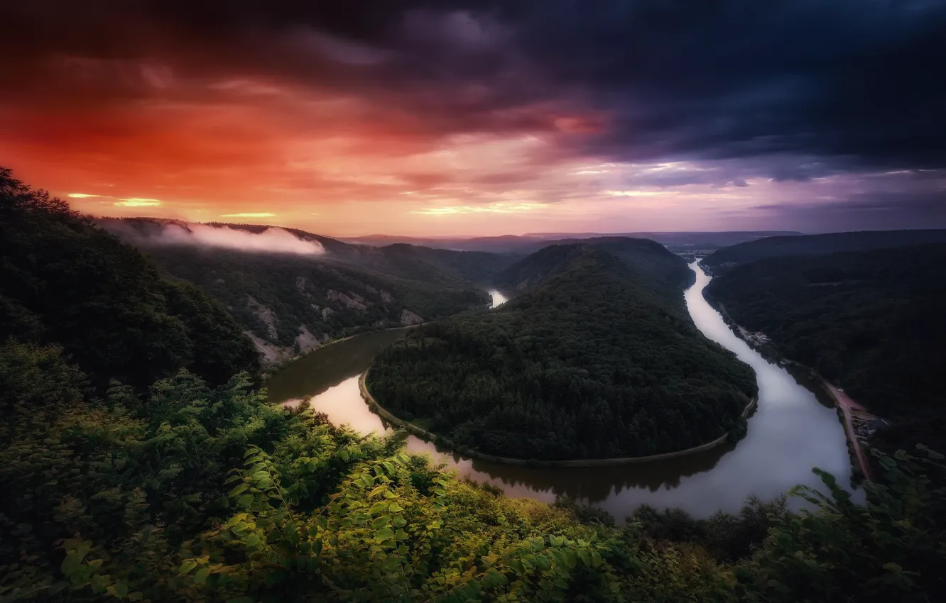 Фото обои лес, облака, деревья, закат, тучи, река, вечер, Германия