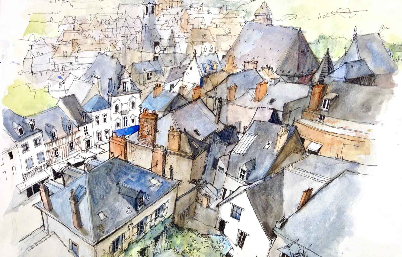 Фото обои город, рисунок, Франция, дома, акварель, Амбуаз
