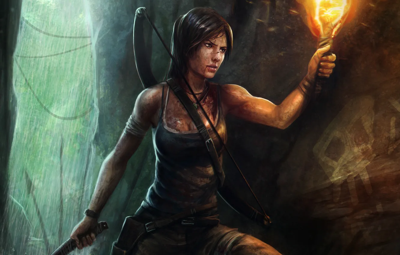Фото обои вода, девушка, брызги, лук, арт, факел, пещера, Lara Croft