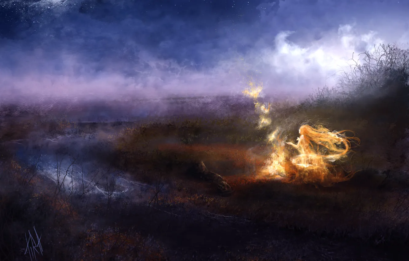 Фото обои девушка, ночь, туман, река, огонь, магия, арт