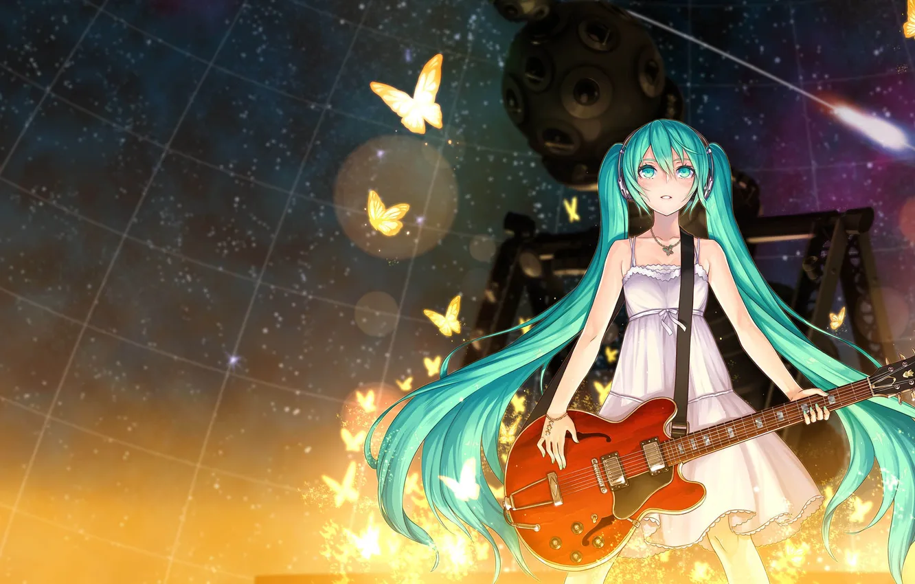 Фото обои девушка, космос, звезды, бабочки, гитара, vocaloid, hatsune miku, вокалоид
