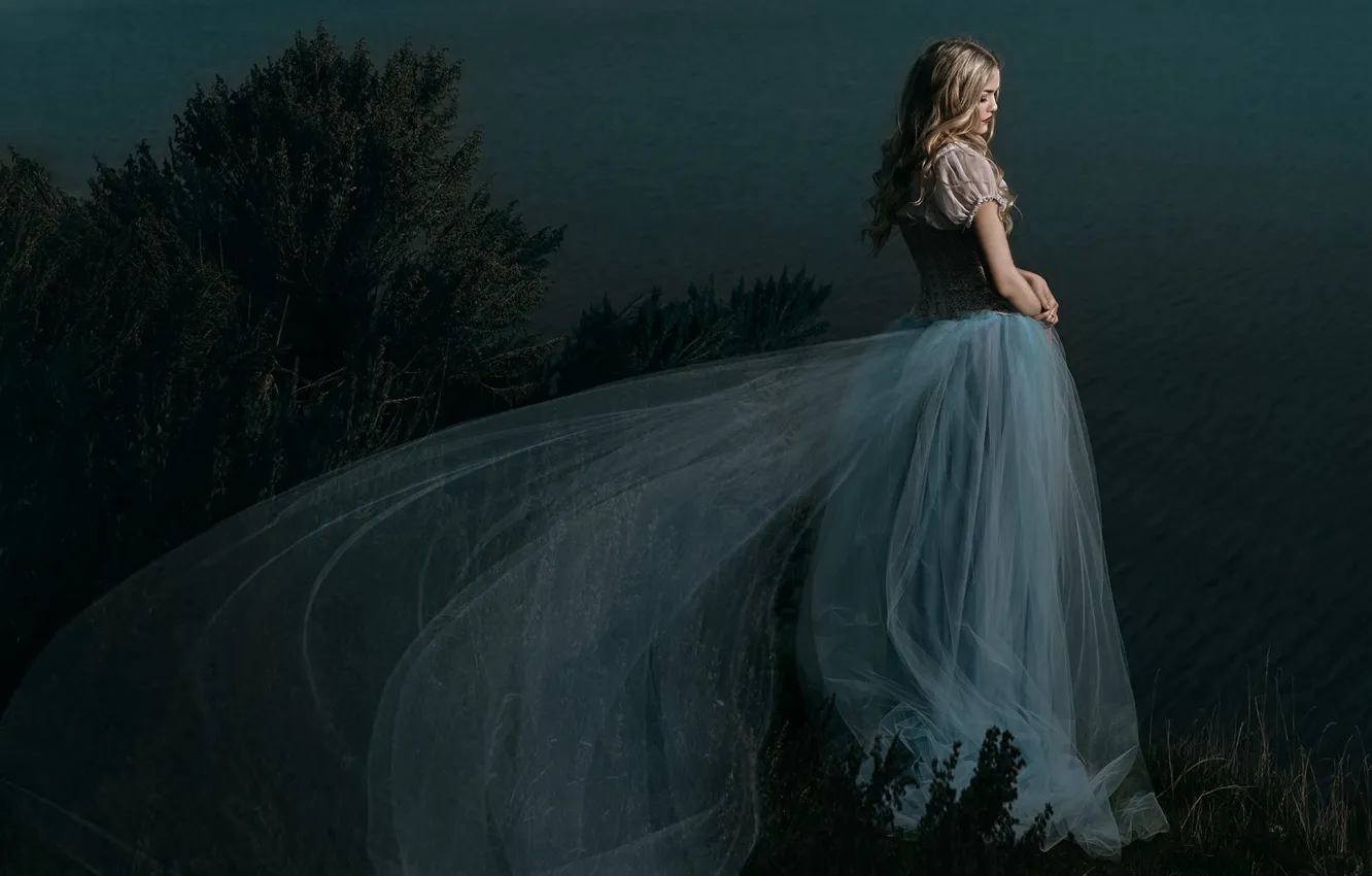 Фото обои девушка, поза, берег, платье, блондинка, стоит, принцесса, кусты