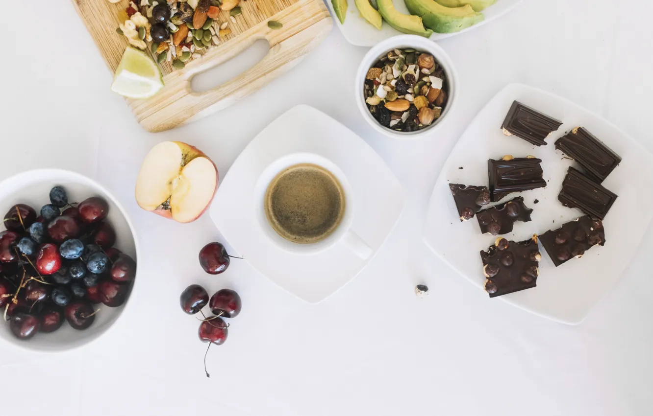 Фото обои кофе, еда, шоколад, завтрак, фрукты