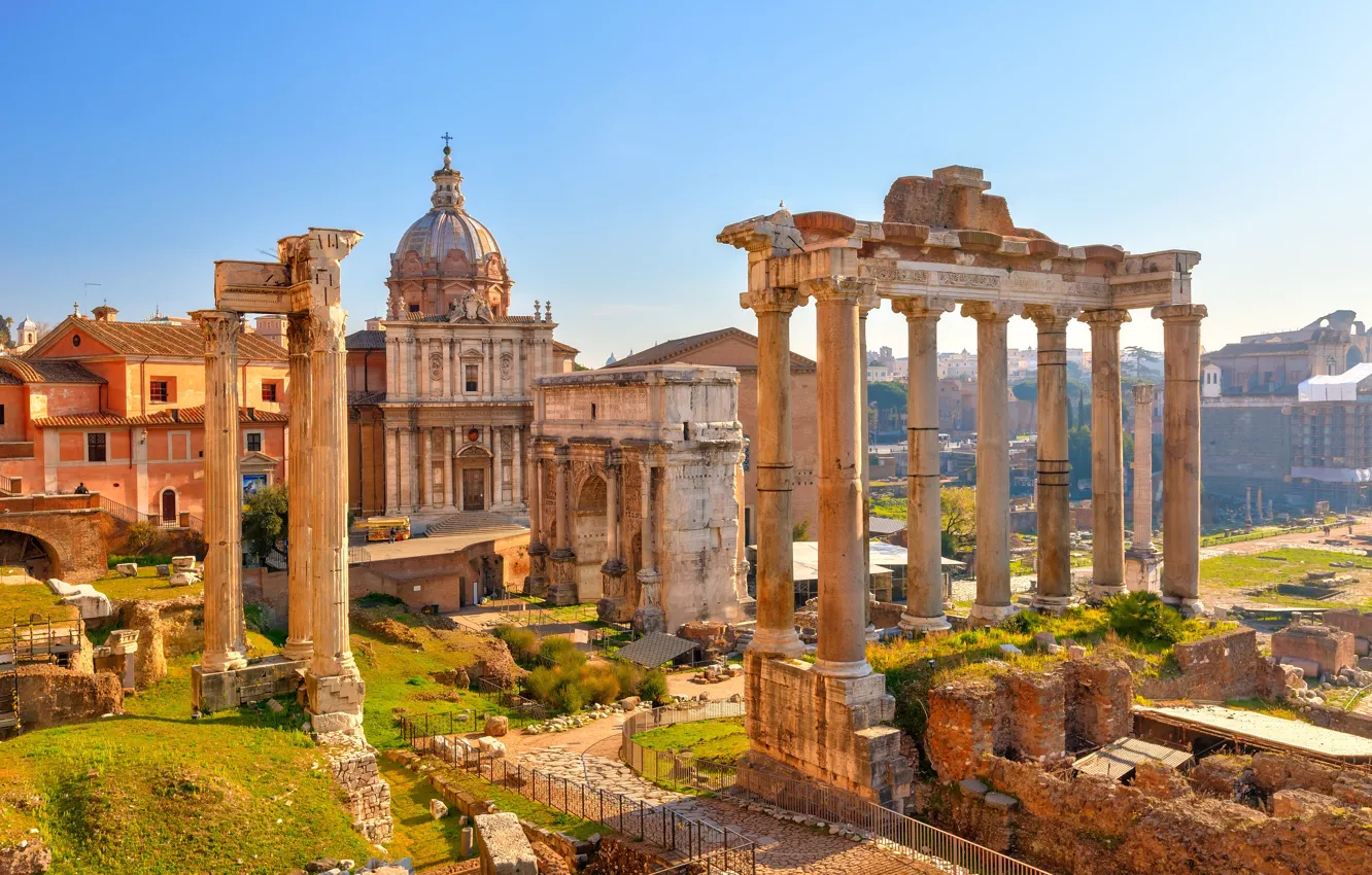 Фото обои лето, небо, город, размытость, Рим, Италия, колонны, Italy