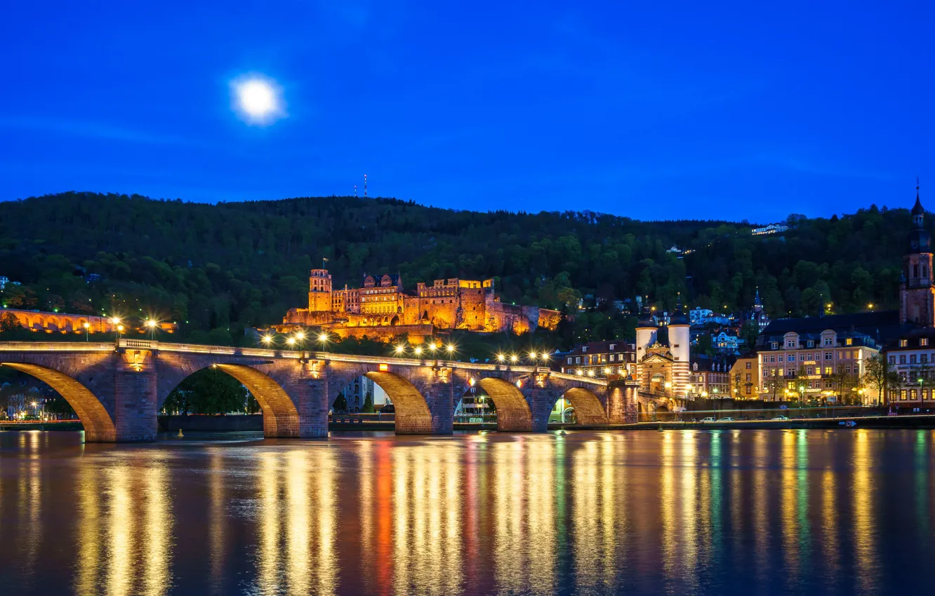 Фото обои city, lights, bridge, Germany, night, castle, reflection, blue hour