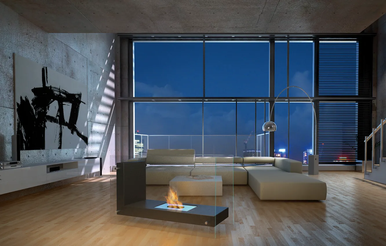 Фото обои дизайн, стиль, комната, интерьер, гостиная, Loft, лофт, Bio Fireplace in Living Room