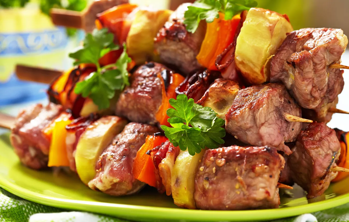 Фото обои мясо, овощи, шашлык, шпажки, meat, vegetables