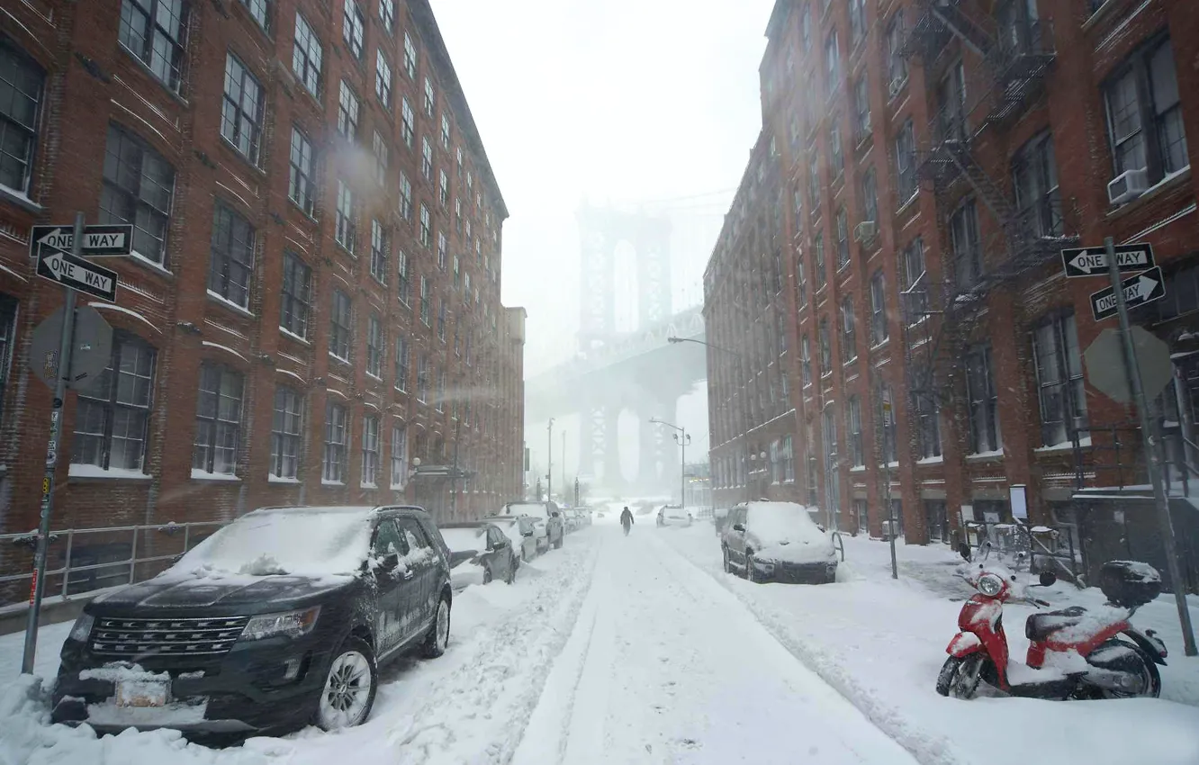 Фото обои снег, машины, улица, Нью-Йорк, снежная буря