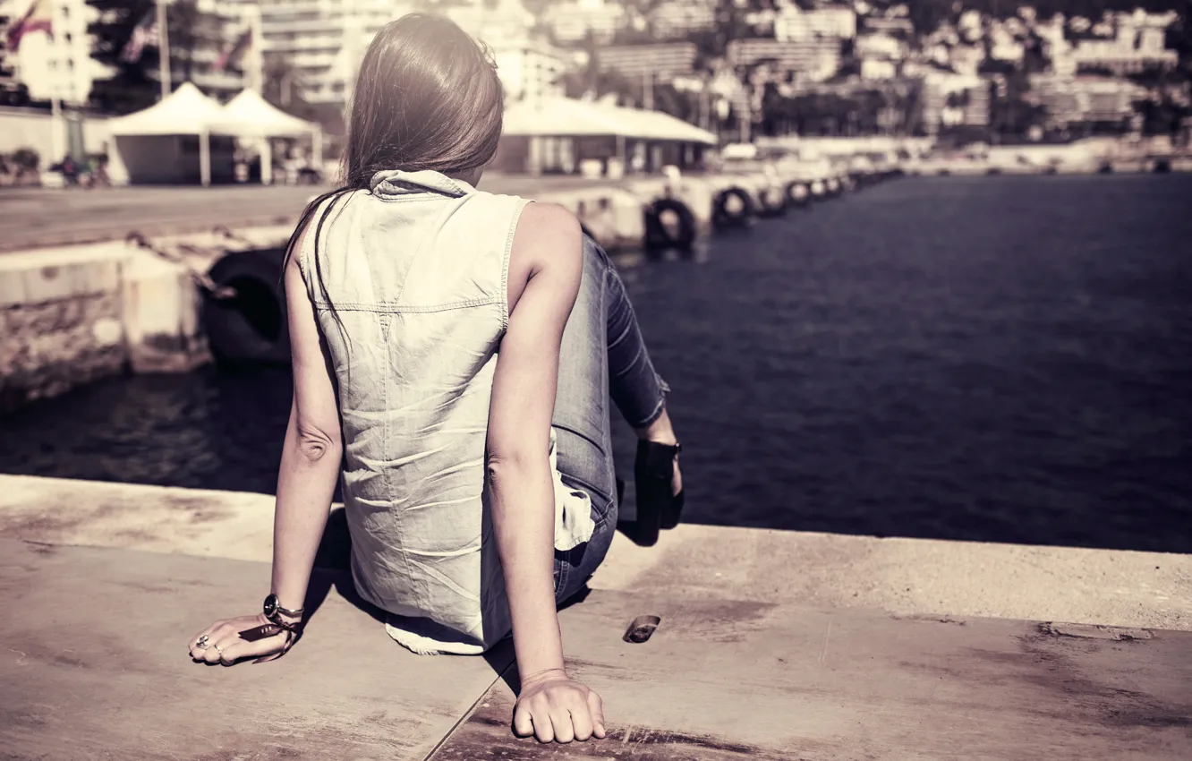 Фото обои девушка, город, причал