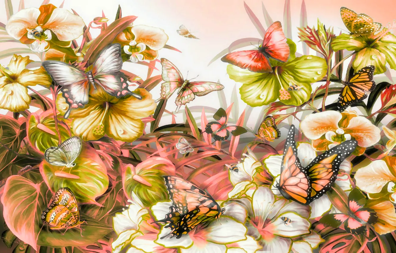 Фото обои листья, бабочки, цветы, природа, растения, мотылек