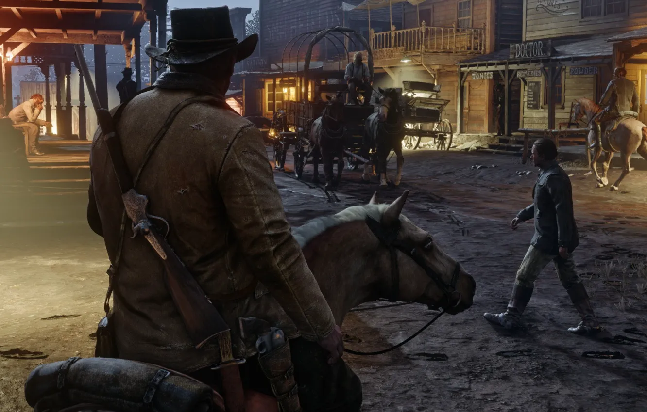 Фото обои город, пистолет, лошадь, шляпа, карета, ковбой, ружьё, револьвер