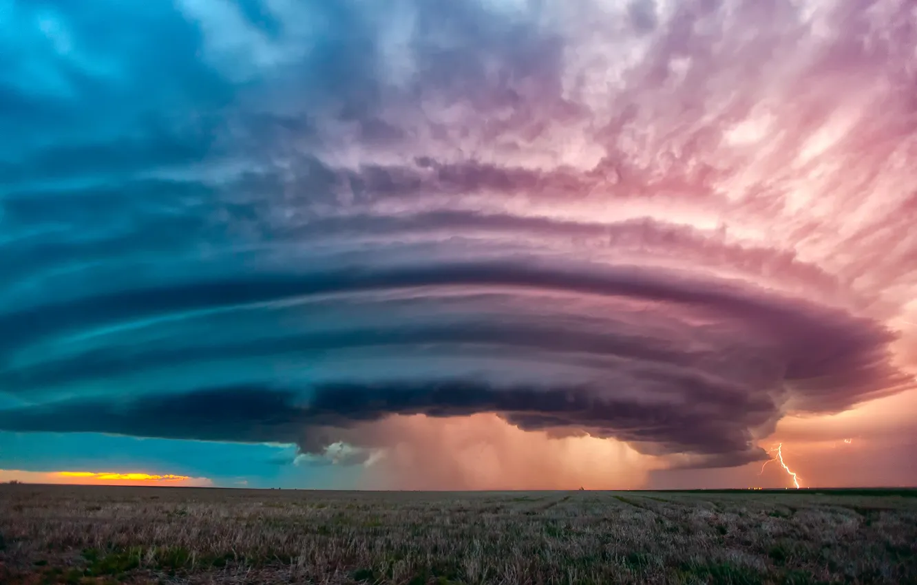 Фото обои поле, облака, тучи, шторм, молния, США, центральный Канзас