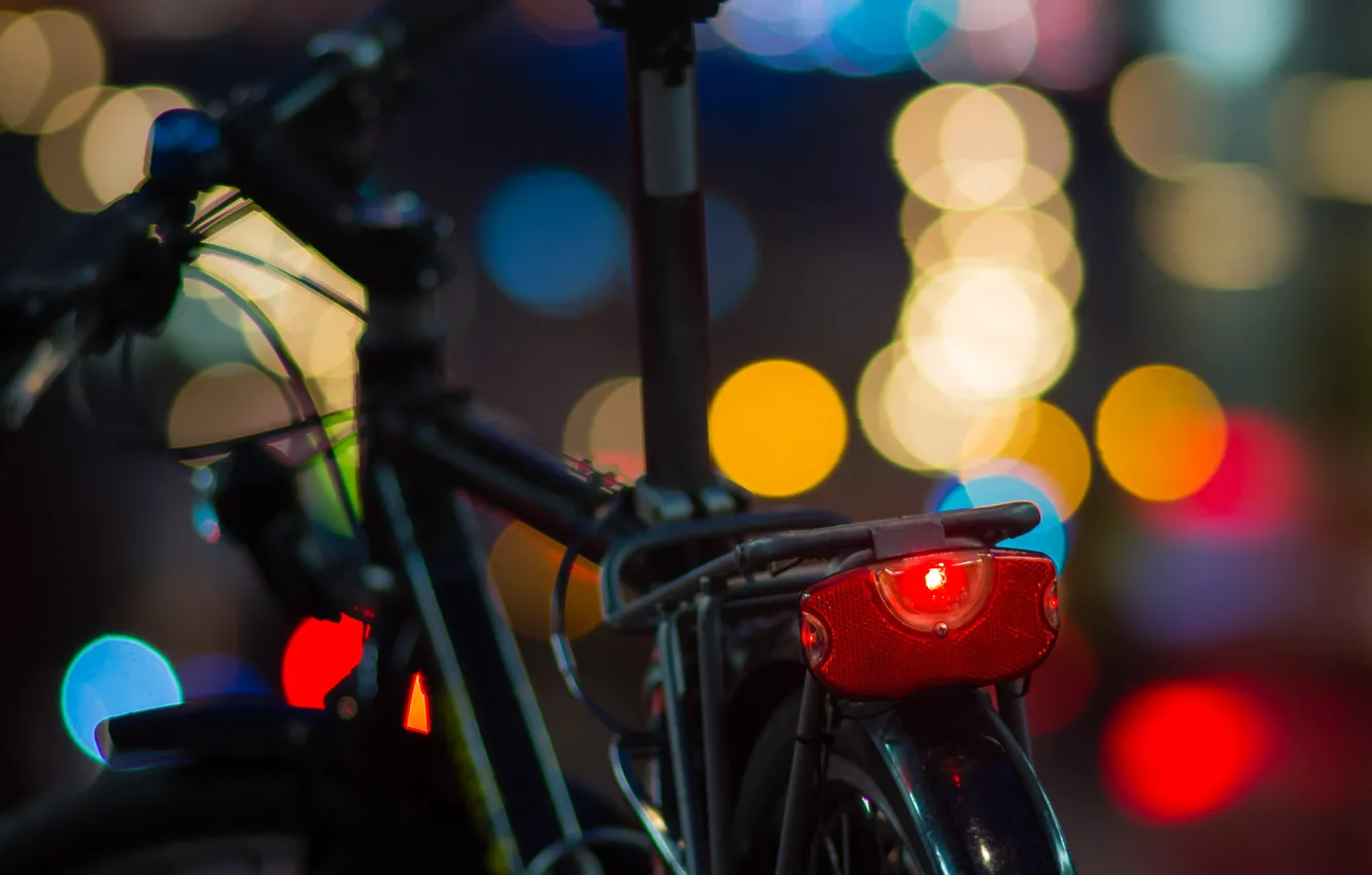 Фото обои макро, ночь, велосипед, огни, вечер, разноцветные, боке