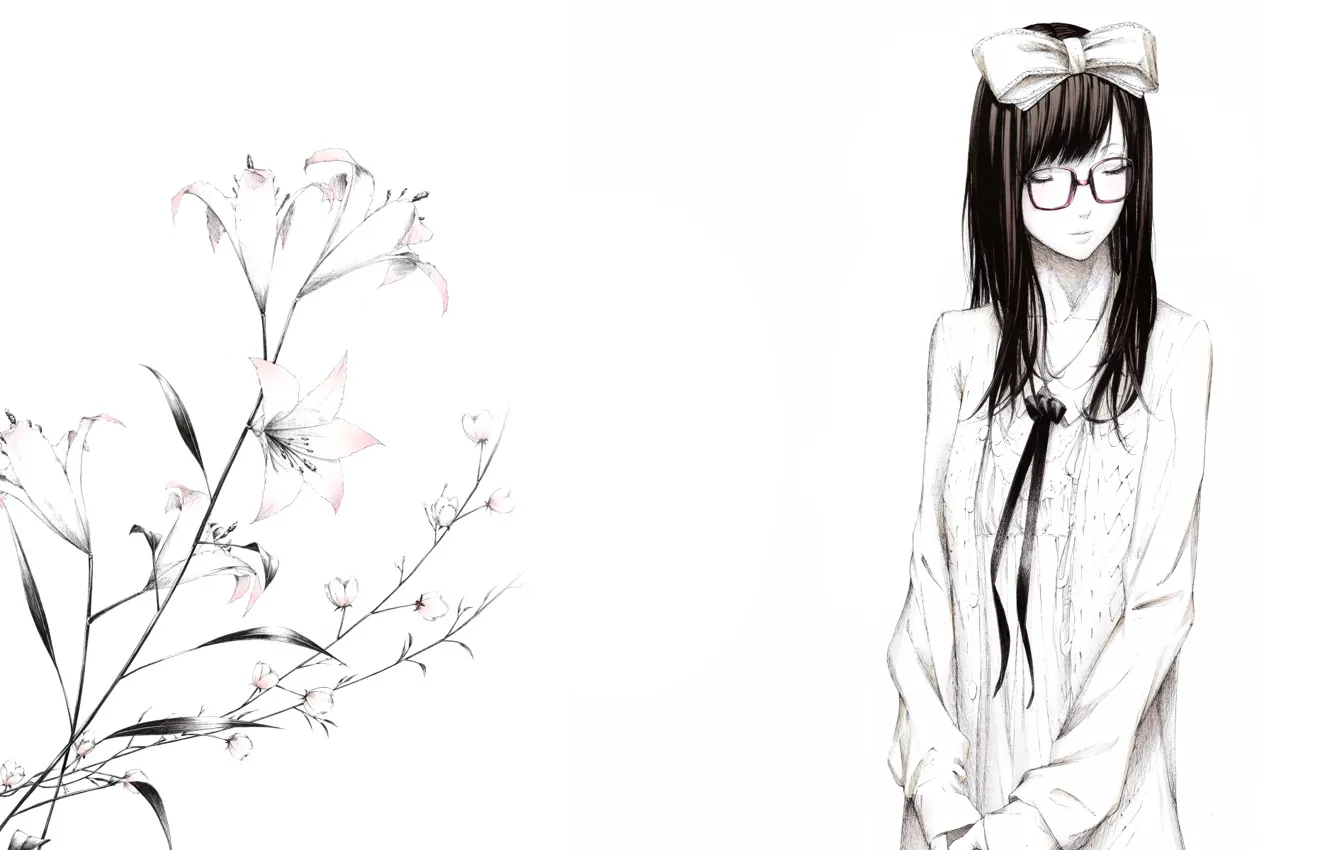 Фото обои цветы, рисунок, лилии, Девушка, очки, бант, art, Sawasawa