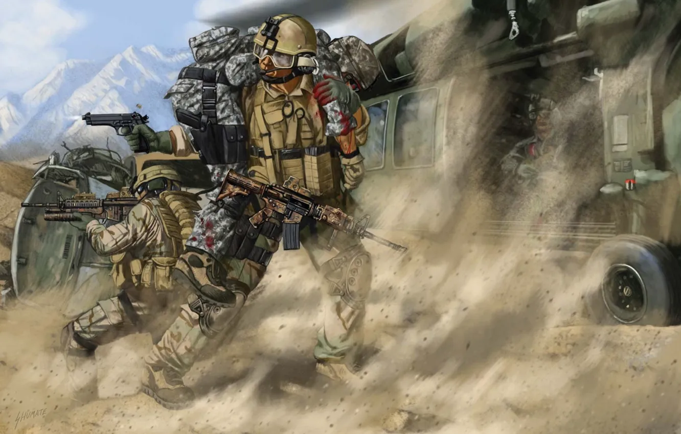 Фото обои горы, рисунок, арт, солдаты, вертолёт, спасение, перестрелка, Афганистан